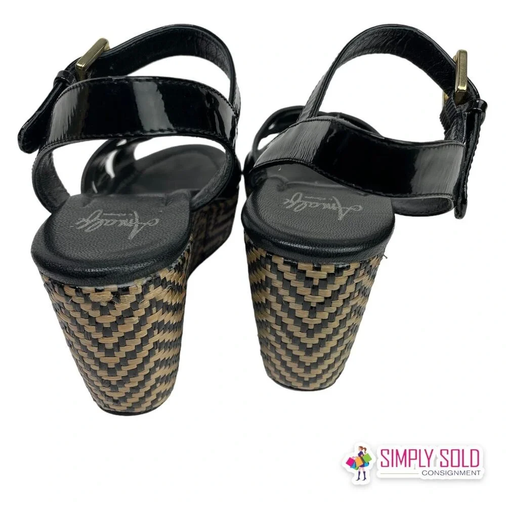Amalfi By Rangoni Monna Vernice Sandals Womens 6M Black Brown Wedge‎ Shoes